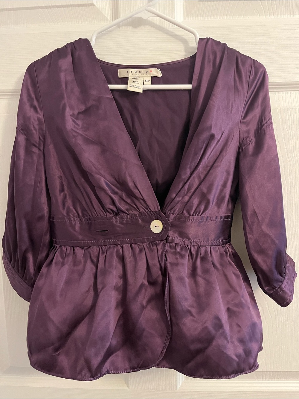 Studio M Deep Plum Satin V-Neck Button-Peplum Blouse